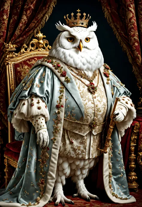 photorealistic portrait of Dressed animals - a ((fat )) white owl king, (full body image:1.5), Wearing luxury sack-back gown,(wearing luxury crown),holding scepter, Old-fashioned luxury clothes, detailed and opulent description of a kings aristocratic sack...