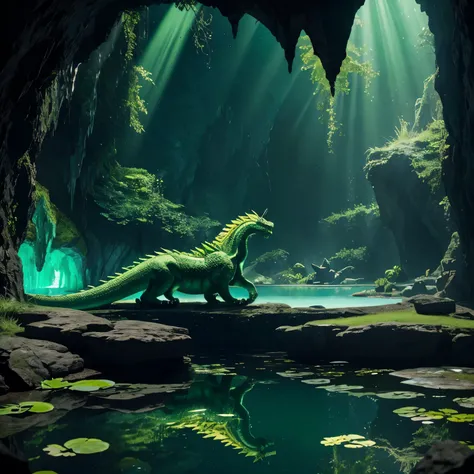 Dragon,Giant, emerald green, large yellow eyes, resting in a  large cave with magic lighting from emerald crystals scattered throughout the cave small pond reflects the image 