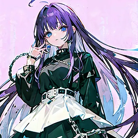 Long Purple hair with a black shirt a white skirt and two belts and chains on her shirt pretty make up and blue eyes