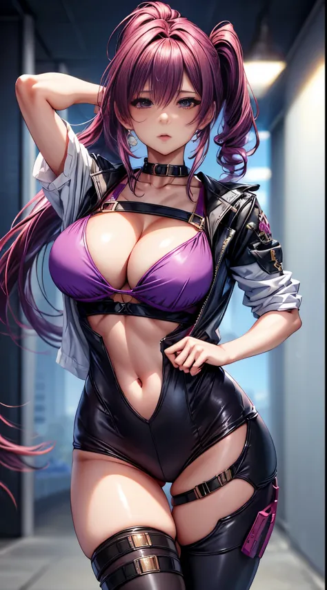 1人の女性，Thirty year old，mature，Raised sexy, tmasterpiece, Best quality, Thicker lines, Erection of nipples, Purple colored hair, Double ponytail hairstyle，Northern hemisphere breast exposure， lips, Place your hands behind your body，Ultra Max_mediuml breasts!...