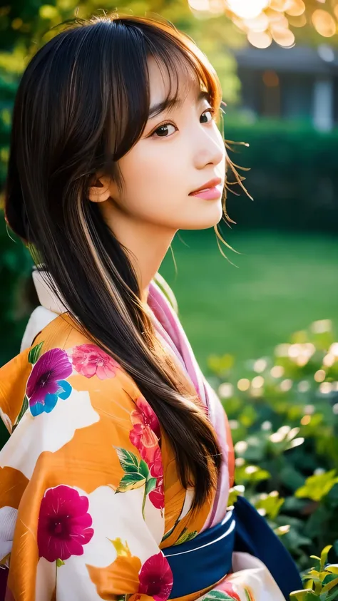 1 Japanese girl，masterpiece， A lock of hair with slight highlights, black eyes, mixed media, Sexy，garden background，Gorgeous kimono , Liquid color flows across her face, sunset，Photographed by Yui Aragaki