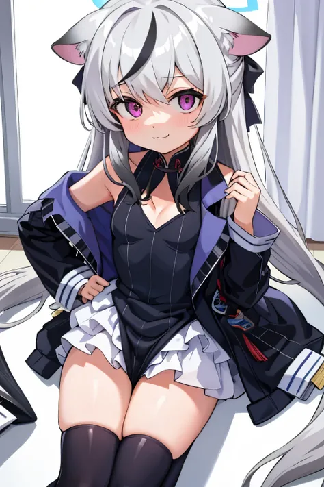 tmasterpiece， best qualtiy， ultra - detailed， 1girll，Gray hair Kokona， inside in room， Purple eye， ：3，the face  closeup cleavage,  Winter suit, winter wonder