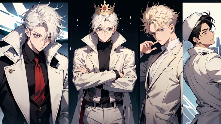 three boys, One of them wears a backwards cap and has black hair, em estilo anime. One of them wears a white suit and white pants with black sneakers and has white hair, em estilo anime. another wears an open white coat and on his head has a crown and on h...