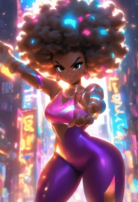 foreshortening,  depth of field, masterpiece, best quality, 1girl,  voluptuous, curvy body, black afro hair, hands on hips, sassy pose. ((prism theme)), (((goddess mode))), ((((gigantic breasts)))), ((((HYPER ASS)))),((((prismatic style)))) ,((((pawg)))),a...