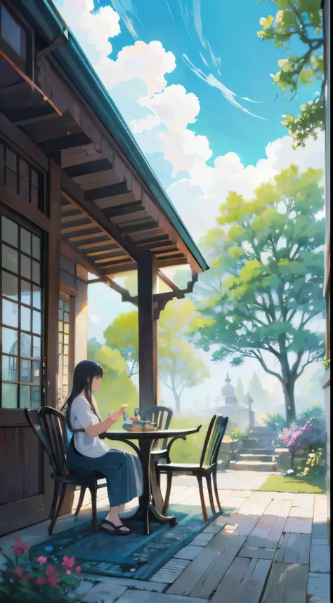 Immersive painting of a serene courtyard adorned with a charming table and chairs, as well as a cozy bench, perfectly captured in this exquisite anime background art. The intricate details and meticulous brushstrokes transport you to a tranquil oasis, whil...