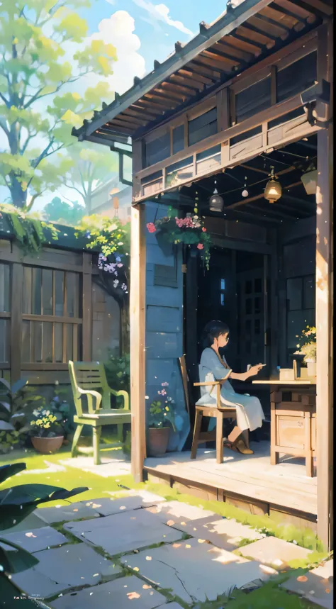 Immersive painting of a serene courtyard adorned with a charming table and chairs, as well as a cozy bench, perfectly captured in this exquisite anime background art. The intricate details and meticulous brushstrokes transport you to a tranquil oasis, whil...