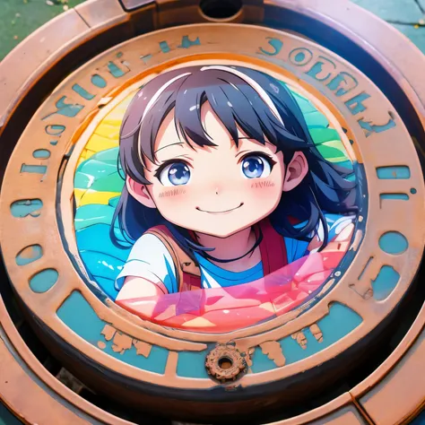 anime character（smiling girl）There is a manhole cover with a、colorful