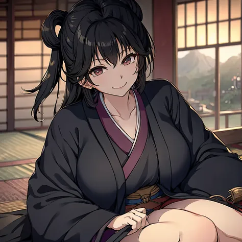 a woman in a japanese castle, kimono black, smiling, big breasts