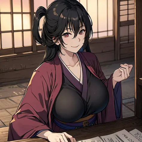 a woman in a Japanese castle, kimono black, smiling, big breasts
