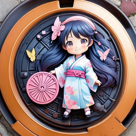 Anime characters in Japan（chibi girl、smile、kimono、butterfly hair ornament）There is a manhole cover with a、colorful