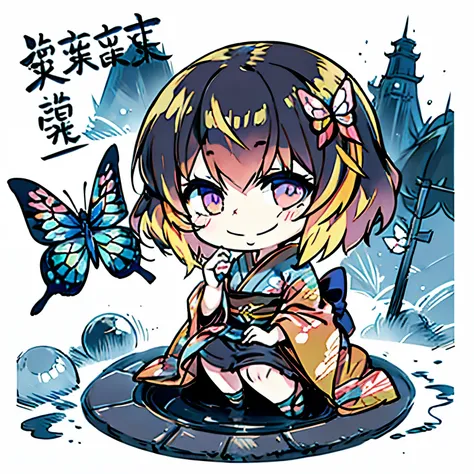 Anime characters in Japan（chibi girl、smile、kimono、butterfly hair ornament）There is a manhole cover with a、colorful