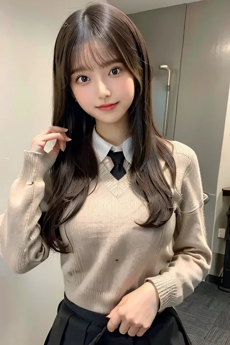 medium hair, straight hair, high ponytail,brown hair, wearing a knit sweater & mini skirt, (Flirtingly lifting her skirt to show her panties:1.3),1 girl,beautiful and detailed eyes,cute,professional lighting,highest quality,giggle, School, Black Polo shirt...