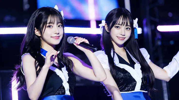 two women、japanese idol、（17 years old_black long hair_big_cute:1.3)、（18 year old student_Black Shorthair_small_cute：1.3)、blue idol costume、on the concert stage