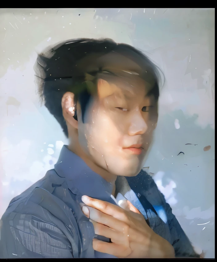 
a Chinese man, 20 years old, white, posing with his hands, beach background,