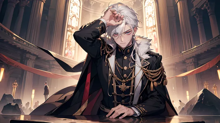 Awakening ceremony, absurd resolution, high resolution, (masterpiece: 1.4), hyper-detail, 1 boy,  white hair man, high school student dressed up, grim expression, full body photo, on the stage, many spectators in the audience, touching a huge black stone w...