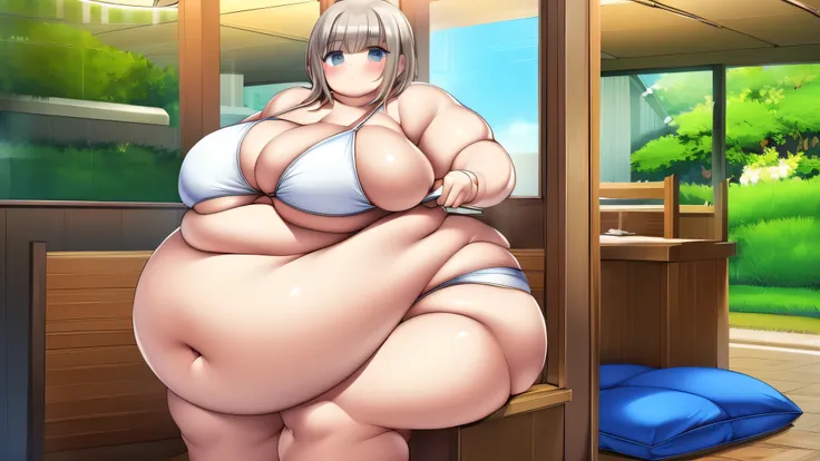 1 garota, chiaki nanami, Danganronpa, Small white bikini, neutral expression, obeso, barriga enorme, coxas gordas, seios rechonchudos, entrando em um restaurante em uma praia muito ensolarada, abrindo a porta da frente, detalhado, detalhado face, pele bril...