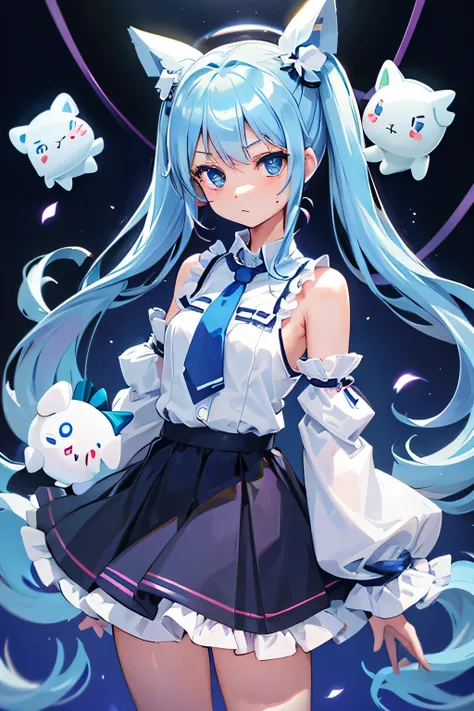 1 girl, alone, Cinnamiku, blue hair, blue eyes, hair ring, hair ribbon, (blue bow), (Cinnamoroll, tied ears, sanrio, 1Other, Life form:1.2), black sleeves, bare shoulders, blue tie, wide sleeve, collared shirt, removed sleeve, tic, blue tie, ruffle collar,...