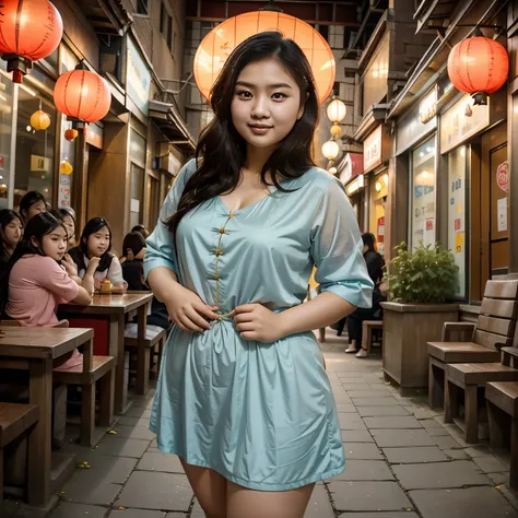 photography a little bit fat woman in chinesee clothes empire standing on street in chinese town, beautiful a bit fat asian girl...