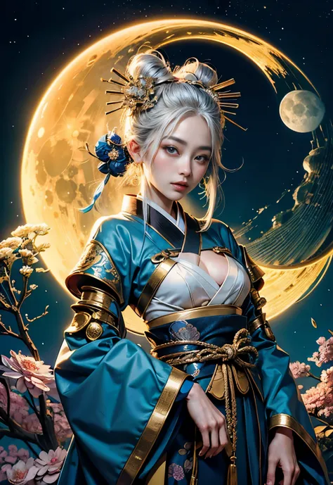 (highest quality, beautiful and aesthetic:1.2), (japanese woman), composition of golden ratio,very detailed,(fractal art:1.3),dynamic line of sight,colorful,best details,has silver hair and blue eyes, golden background,Wearing a luxurious kimono, have a gi...