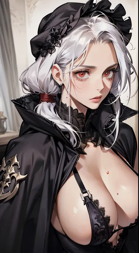 (best quality,high resolution:1.2), ultra-detailed, realistic:1.37, mature beautiful lady in a black robe, sweating, flushed face, adorned with lace lingerie, with a cold expression on her face, a close-up of her breasts, white hair, red eyes, and revealin...