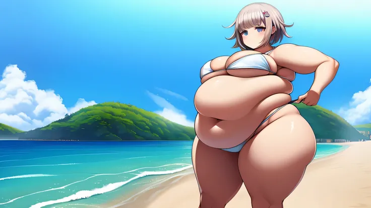 1 garota, chiaki nanami, Danganronpa, Small white bikini, neutral expression, obeso, barriga enorme, coxas gordas, seios rechonchudos, entrando em um restaurante em uma praia muito ensolarada, abrindo a porta da frente, detalhado, detalhado face, pele bril...