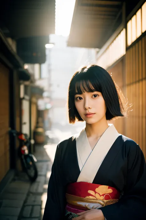 20-year-old Japanese supermodel girl，black hair，Ukiyo-e kimono，Japanese road background，a ray of light，beautiful facial lighting，big deal，Photographed by Yui Aragaki，6 o&#39;clock&#39;bell