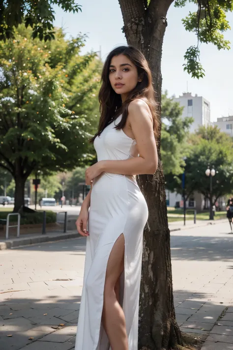 28-year-old girl, Iranian, in the city of Tehran, in the park, the view behind the tree, very beautiful girl, beautiful body, long dress, long hair, brown eyes