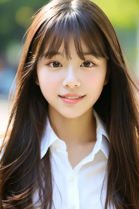 ((beautiful and shiny、neat straight long hair))、outdoor, alone,highest quality、hyper hd、by bangs　(beautiful feces:1.3) ((cute:1.3))、((16 years old)) white shirt　Decolletage　natural color lips　()  Sense of cleanliness　Pure　half-open lips　((cute)) ((frontage...