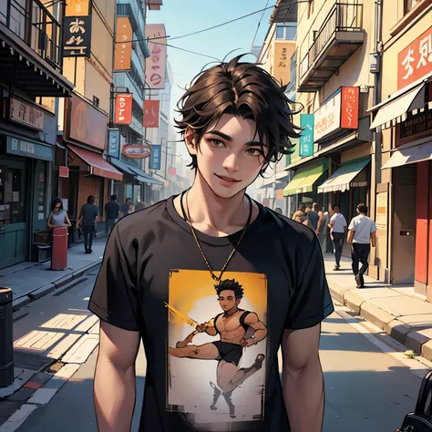 camiseta color negro con dorado camiseta ajustada al cuertpo ultra realista, 16-year-old boy with brown cinnamon skin, cuerpo atletico tonificado cabello liso,masculino serio pensativo observador tiene el dorso desnudo camiseta negra ajustada al cuerpo sin...