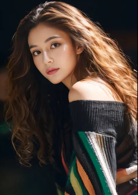 highest quality, masterpiece, ultra high resolution, (realistic:1.5), RAW photo, 1 girl, off shoulder, in the dark, deep shadow, discreet key, sexy look, Branded long hair、curly hair、Looking at the camera、rainbow colored eyes、