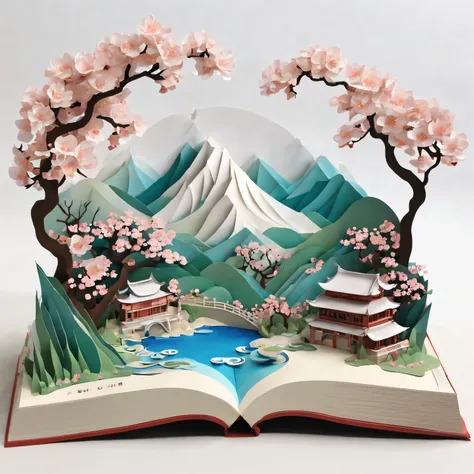 （Isometric animation,cool color，White background，Caustics，sharp focus:1.5），Chinese style，mountain peak，village，farmland，White peach blossoms，Baiyun， （paper cut style），（pop up book：1.5），Xiangyun，The content is very detailed，cool color、#Marine art#pop up boo...