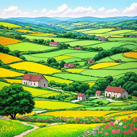 Warm color line art，Franco-Belgian comic style，fantasy comic style，beautiful french countryside，endless rolling hills、summer，lush farm lands、old stone barn，Gray slate roof cottage。The painting should express the peaceful atmosphere of the countryside，sunny...