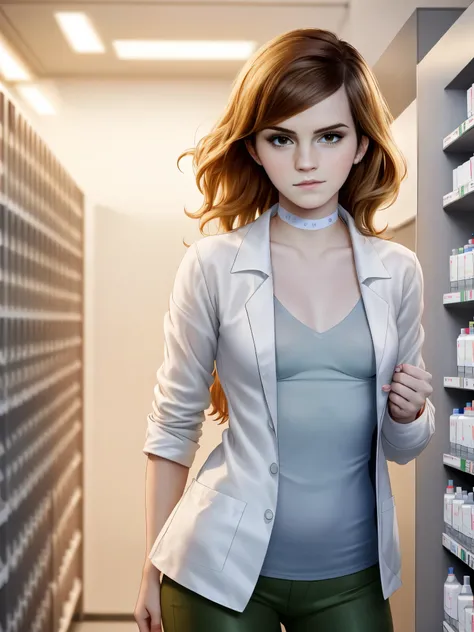 emma watson, masterpiece quality, realistic, lots of detail, studio lighting, in a pharmacy, chemistry equipment in background, ...