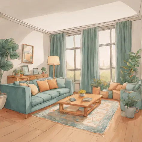 Hand drawn cartoon comfortable living room illustration