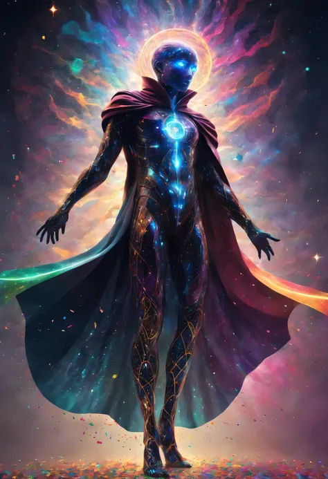 Abstract CG art：confetti,Stunning digital illustrations, Transparent humanoid,The cloak has an intricate pattern，similar to stained glass nebula, as it weaves in space，My legs were crackled by countless cosmic lightnings.