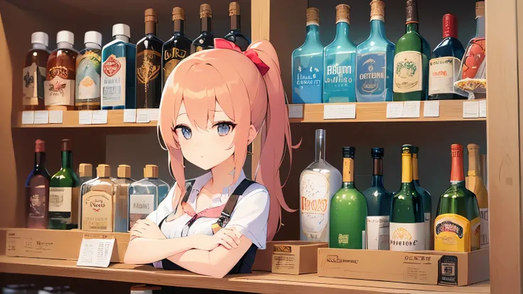 The background is a liquor store、shelf