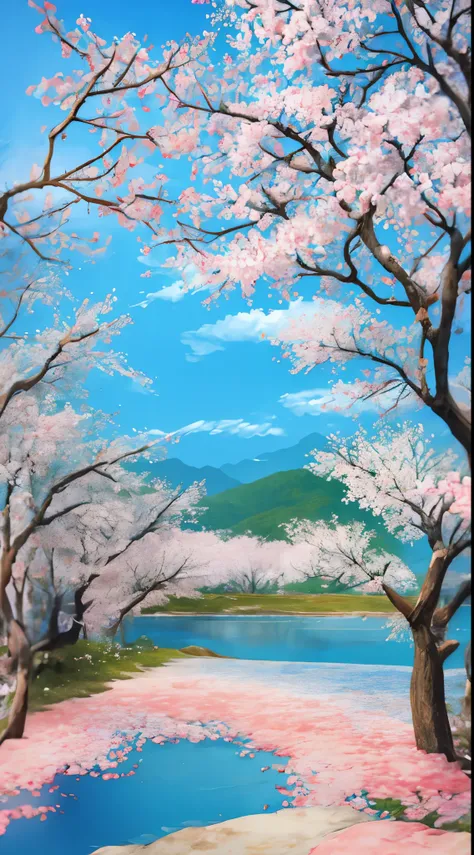 夏天，clear lakeaiyun，blue-sky，peach blossom，Peach tree，fresh flowers，high definition detail，cinematic ligh，softlighting