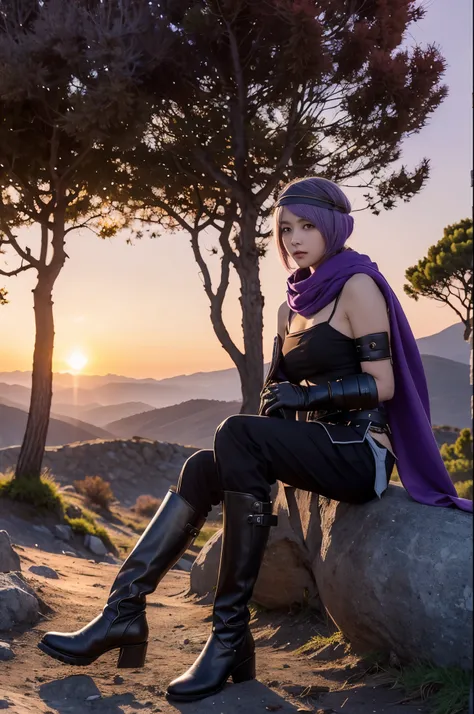 1girl, 1boy,handsome (best quality, beruka, gauntlets), armor, purple scarf, black gloves, pants, boots, bandana on the head, sitting, in front, trees, mountain, beautiful scenery in the background, soft sunset, subtle reflections on the ground.