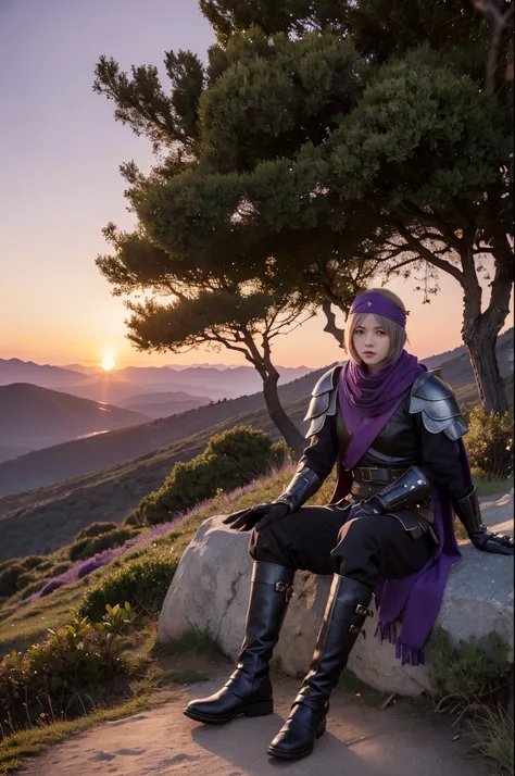 1girl, 1boy,handsome (best quality, beruka, gauntlets), armor, purple scarf, black gloves, pants, boots, bandana on the head, sitting, in front, trees, mountain, beautiful scenery in the background, soft sunset, subtle reflections on the ground.