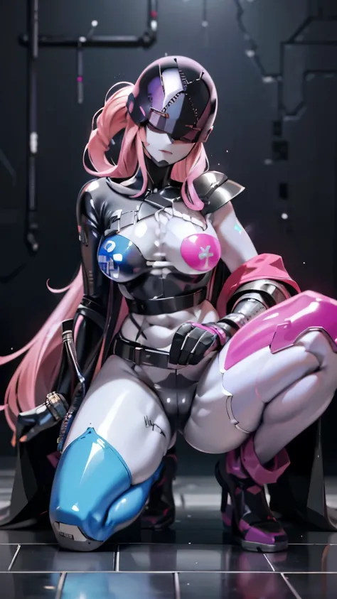 (1 girl, Pink hair, medium hair, short double ponytails, purple eyes, Poker face) (in a detailed space, (Science fiction, bodysuit, , humanoid , helmet, neon decoration, shiny clothes, Enica,  )) , best quality, ，Transparent underwear，Flame it up，，chained，...