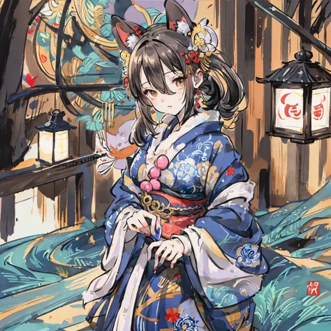 masterpiece, shuimobysim, badashanren, Shukezouma, samurai residence, kimono, katana, bamboo, tatami mats, lanterns(super cute 1girl, solo, kemono, furry anthro),