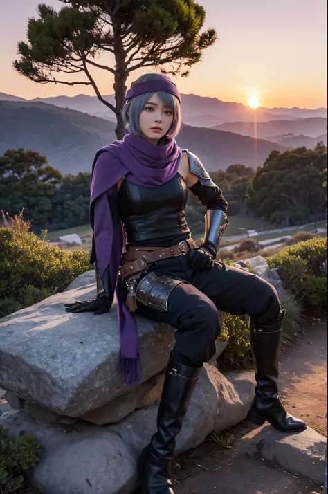 1girl, 1boy,handsome (best quality, beruka, gauntlets), armor, purple scarf, black gloves, pants, boots, bandana on the head, sitting, in front, trees, mountain, beautiful scenery in the background, soft sunset, subtle reflections on the ground.