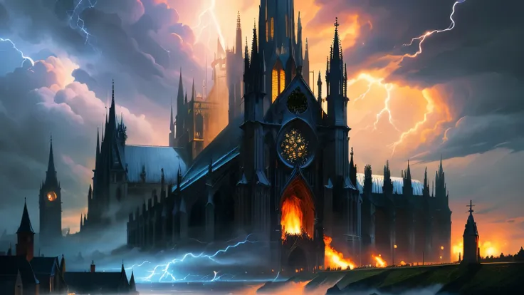 ((best quality)), ((masterpiece)), (detailed), landscape, dark fantasy, cathedral, storm, firestorm