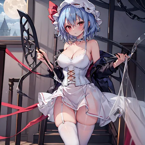 Remilia toho character, (solo:1.2), (standing on deck of mansion:1.1), a full moon, midnight, BREAK, short hair, collarbone, (very perky large breasts), (emphasize cleavage), (inconceivably thin waist:1.3), (very short thin torso:1.2), very long (thin legs...