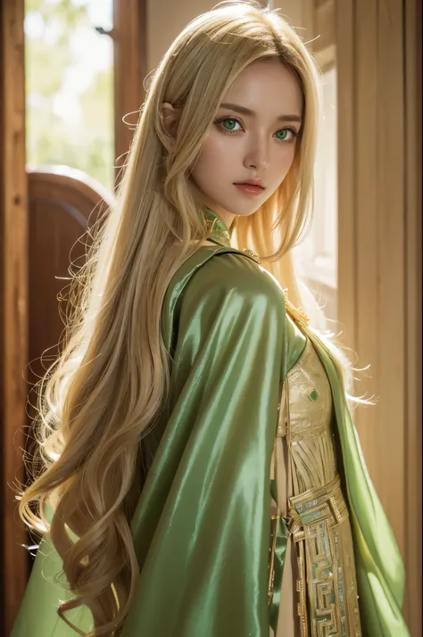 (((absurdres))), (((best quality))), portrait, digital art, (trending on ArtStation), ((1girl)), ((green shiny eyes)), star-shaped eyes, beautiful, (beige blonde long hair), (((greek clothing))):0.9.