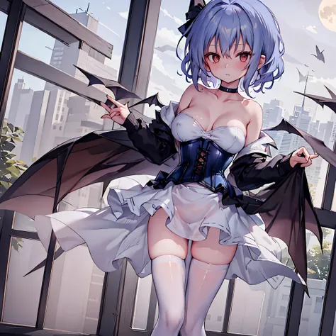 Remilia toho character, (solo:1.2), (standing on deck of mansion:1.1), a full moon, midnight, BREAK, short hair, collarbone, (very perky large breasts), (emphasize cleavage), (inconceivably thin waist:1.3), (very short thin torso:1.2), very long (thin legs...