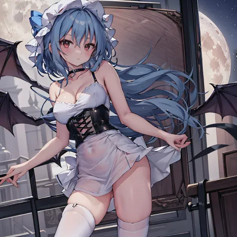 Remilia toho character, (solo:1.2), (standing on deck of mansion:1.1), a full moon, midnight, BREAK, short hair, collarbone, (very perky large breasts), (emphasize cleavage), (inconceivably thin waist:1.3), (very short thin torso:1.2), very long (thin legs...