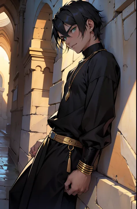 Black clothes with golden short hair, he is a 16-year-old boy, straight hair, green eyes, mischievous, leaning on a wall, hiding, watching someone, wearing Arab tunics and jewelry.