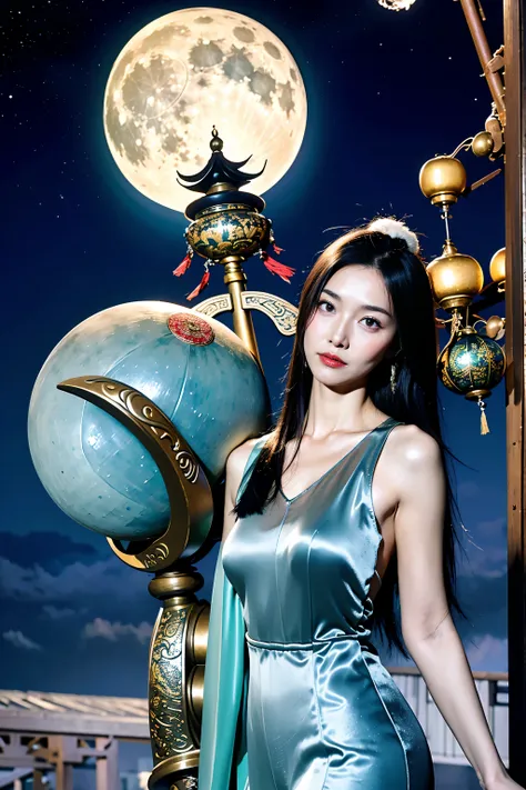 There is a Chang&#39;e in Chinese mythology&#39;e poses in front of the full moon, moon goddess, Moon themed clothing, Fairy&#39; Moonlight dance, Inspired by Tang Yin, moon goddess, shaxi, moon goddess, Inspired by Qiu Ying, lulu chen, themed on the stars...