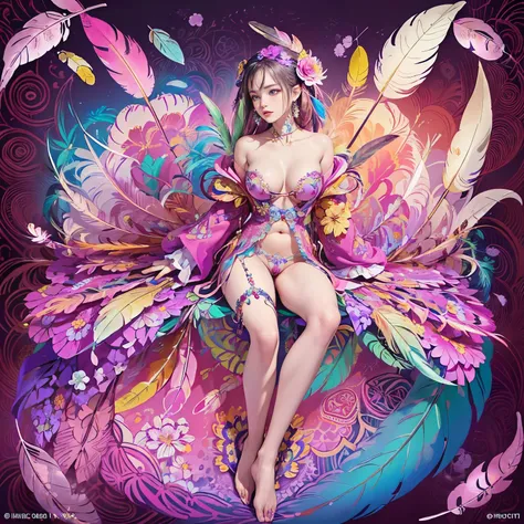 (official art, beautiful and aesthetic:1.2), (1girl:1.3),(fractal art:1.1),(colorful:1.1)(flowers:1.3),highest detailed,(zentangle:1.2), full body, (abstract background:1.3), (shiny skin), (many colors:1.4), ,(earrings), (feathers:1.5), no clothes, nsfw ra...